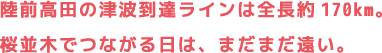 陸前高田の津波到達ラインは全長約170km。桜並木でつながる日は、まだまだ遠い。